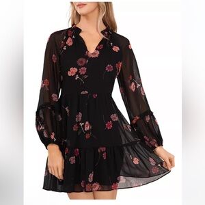 CeCe Black Dress with Pink Floral Babydoll Mini Dress size Medium